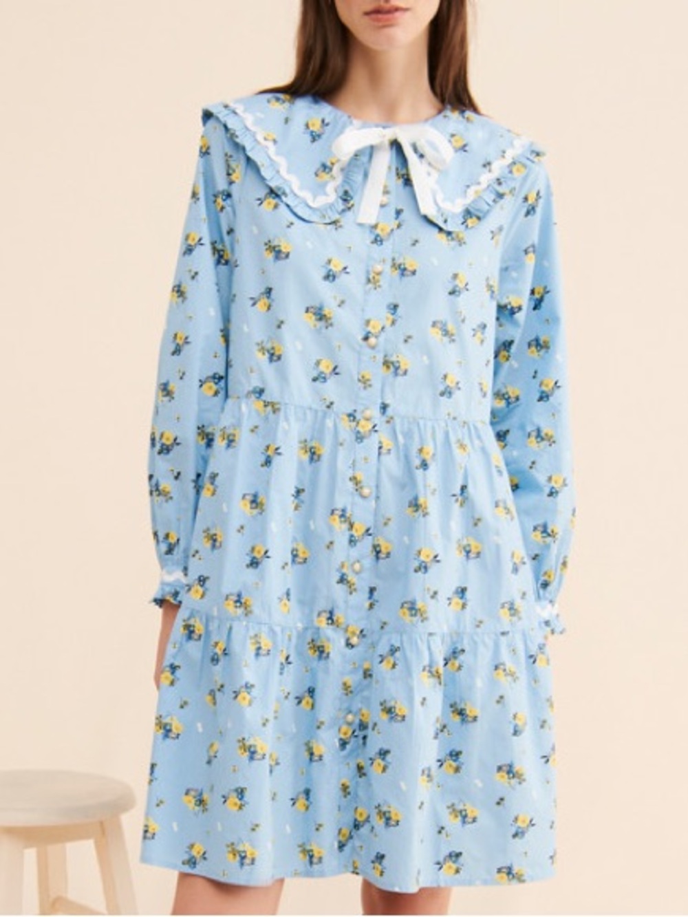Anthropologie Cras Denise Light Blue Floral Tie-Neck collard Dress size 8